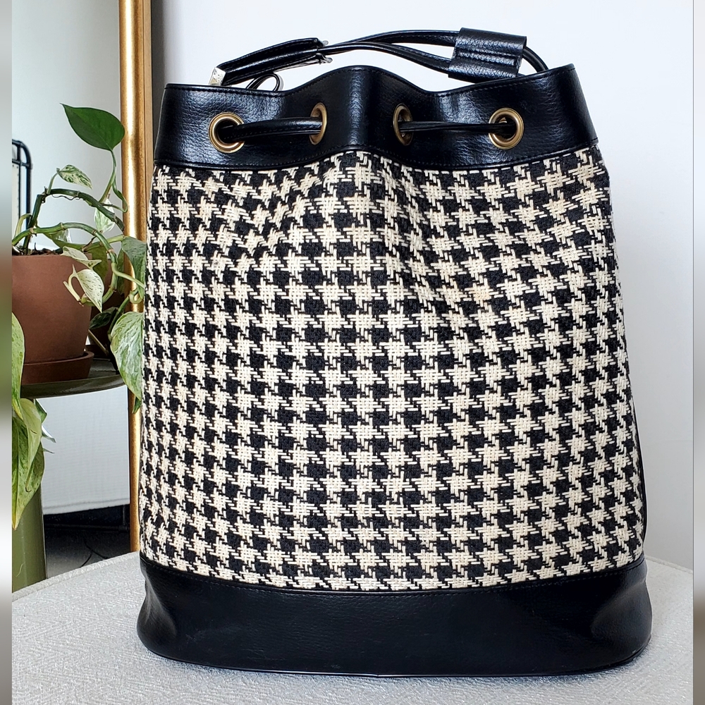 RARE Original Sarne Japan 1950's Black/Cream Houndstooth Travel Bucket Bag, EUC